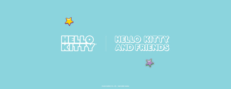 Hello Kitty collection banner featuring the Hello Kitty and Friends logos on a teal background with star decals.