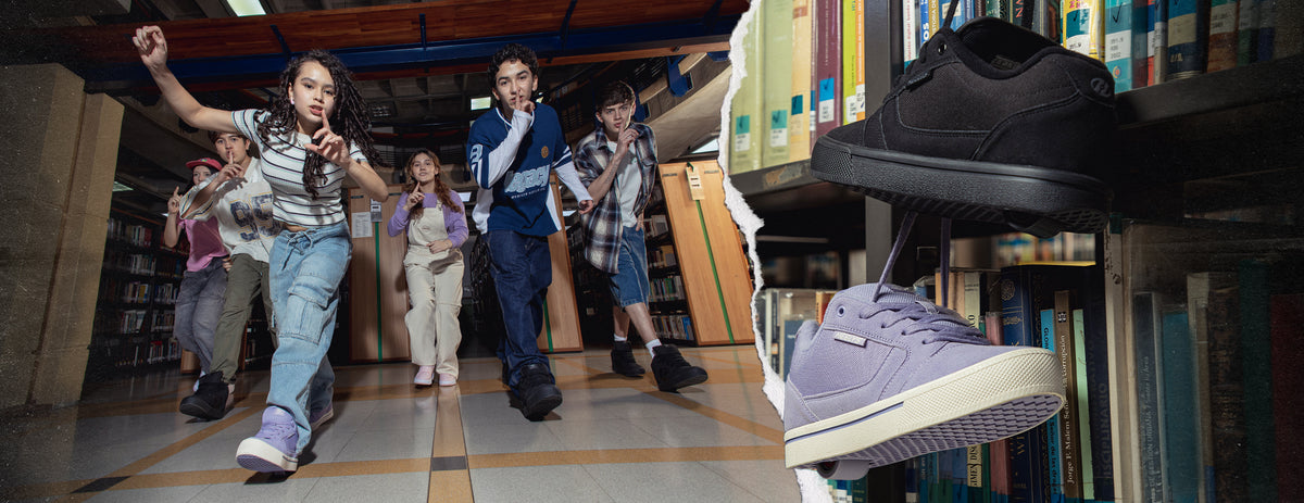 A collage-style promotional image showing several children running down a school library aisle on the left, and two close-up views of low-top sneakers on the right against bookshelves. The shoes appear in black and light lavender/purple, with the right-side shoe cutout having a torn-paper effect over the library scene.