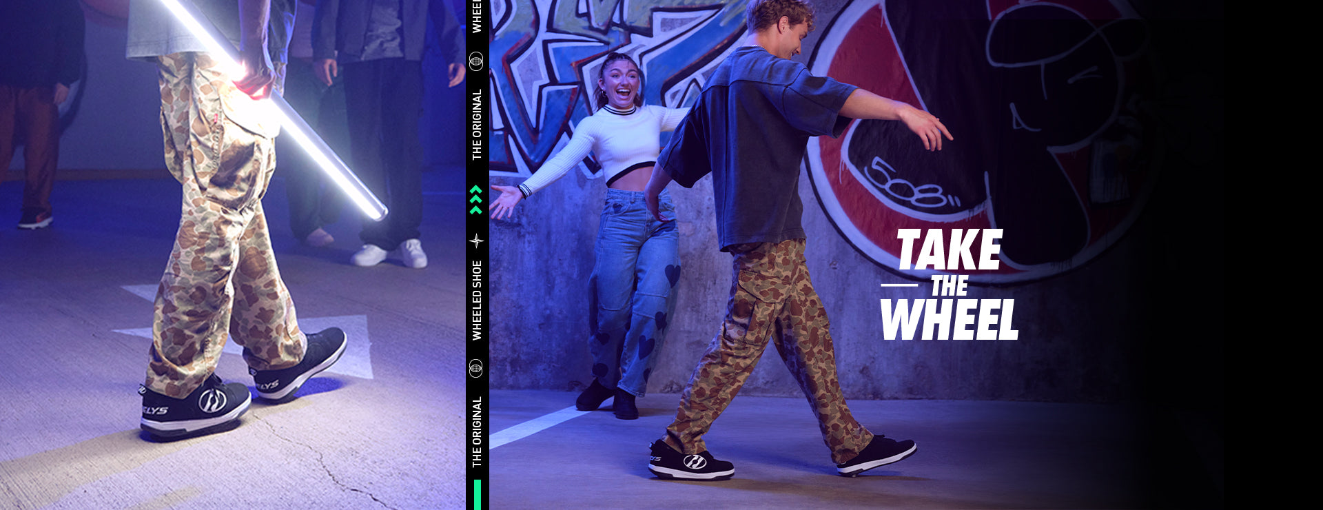 Person in camouflage pants and black shoes with a light saber, next to a person in a blue jacket and jeans with a 'Take the Wheel' graphic.