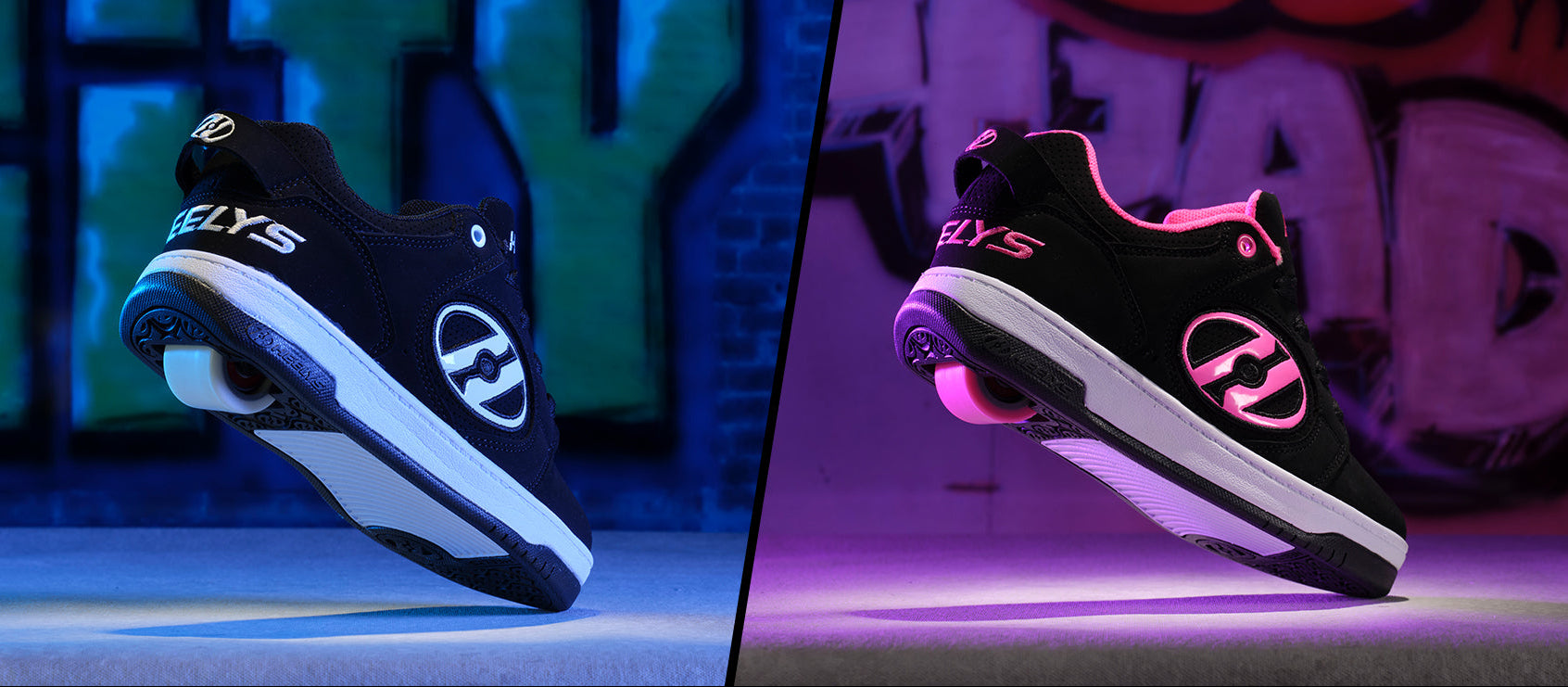 Black and pink Heelys sneakers with visible branding on a colorful background