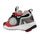 Front of all grey heelys, with accents of shiny black and accents of red, with one wheel
