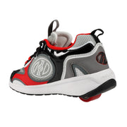 Back of all grey heelys, with accents of shiny black and accents of red, with one wheel