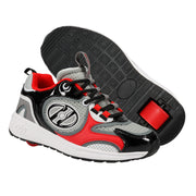 all grey heelys, with accents of shiny black and accents of red, with one wheel