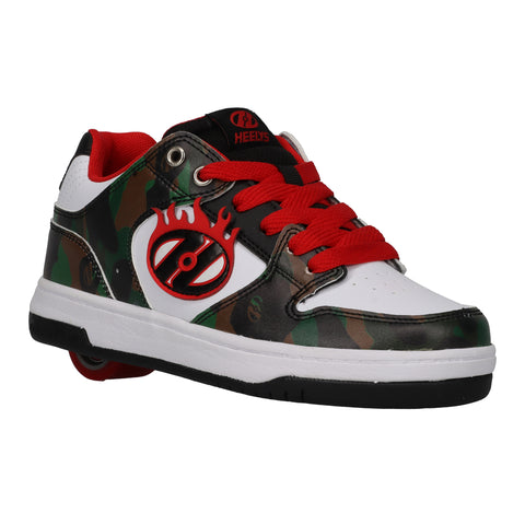 Front of camouflage heelys with flame logo