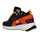 Front of orange and red galaxy heelys with accents of orange and black throughout the shoe