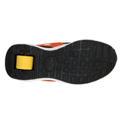 Sole of orange and red galaxy heelys with accents of orange and black throughout the shoe