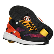 orange and red galaxy heelys with accents of orange and black throughout the shoe